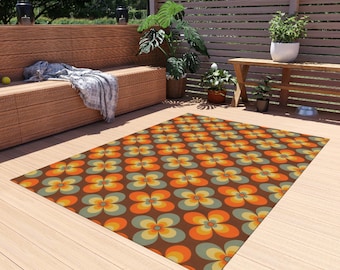 Mid Century Retro Outdoor Rug, 70s Floral Patio Decor, Vintage Geometric Area Rug, Colorful Modern Garden Style, Retro Area Rug