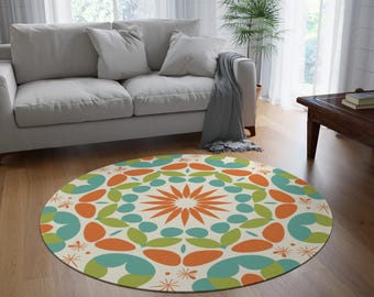 Mid Century Round Rug, Retro Geometric Circle Rug, Boho Modern Living Room Decor