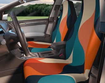 Mid Century Modern Car Seat Covers, Retro Geometric Abstract Auto Interior, Teal Orange Modern Car Decor