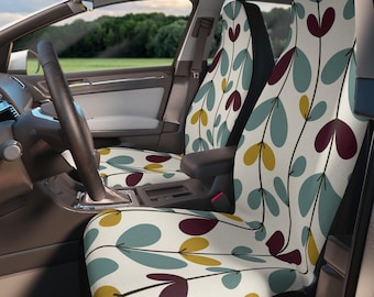 Fundas para asientos de coche con diseño de hojas de estilo moderno de mediados de siglo, protectores de asientos con diseño de hojas en color verde azulado y mostaza, decoración botánica escandinava para automóviles.