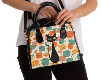 Borsa a mano moderna a forma di gatto di metà secolo, borsa a tracolla geometrica retrò, graziosa borsa a forma di gatto nero, borsa da tutti i giorni in stile vintage, borsa tote alla moda per gli amanti dei gatti