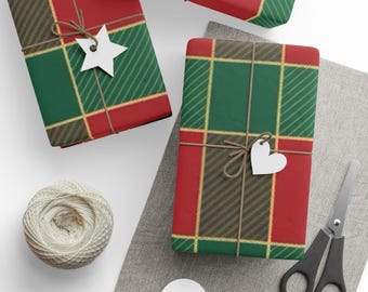 Papel de regalo navideño a cuadros, papel de regalo a cuadros rojos y verdes / papel de regalo a cuadros escoceses para fiestas