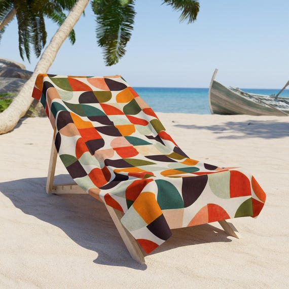 Mid Century geometrisches Muster Strandtuch | Retro bunte Formen