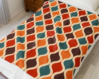 Retro Wave Plush Blanket Set,  Mid Century Modern Geometric Bed Throw, Cozy 70s Style Bedroom Decor, Warm Vintage Home Gift