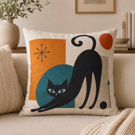 Mid Century Cat Pillow Cover, Atomic Black Cat Cushion, Retro