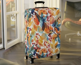 Funda de equipaje con hojas de otoño, bonita funda protectora de maleta, funda de viaje con temática otoñal, funda botánica de acuarela, regalo para viajeros.