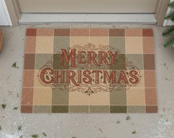 Puede incluir: Una alfombra rectangular con un estampado de cuadros en tonos marrones, verdes y beige. Las palabras "MERRY CHRISTMAS" se muestran en una fuente decorativa de estilo vintage en rojo. La alfombra está colocada frente a una puerta.
