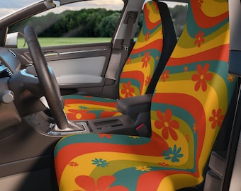 Mid Century Retro Car Seat Covers, 70s Groovy Floral Auto Decor, Vintage Geometric Vehicle Style, Colorful Modern Design