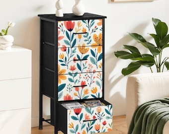 Scandinavian Floral Dresser, Mid Century Modern Storage Cabinet, Colorful Botanical Drawer Organizer