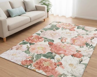 Luxe vintage bloementapijt, zacht blush roze vloerkleed, romantisch cottagecore botanisch tapijt, elegant woonkamerdecor, vrouwelijke huisstijl