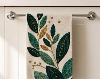Toalha de mão com estampa de folha escandinava, toalha de cozinha botânica moderna de meados do século XX, decoração de banheiro em estilo bordado neutro.