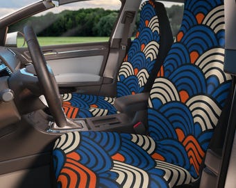 Fundas para asientos de coche japonesas Seigaiha, fundas para coche con estampado de olas, fundas de asiento retro azul y naranja, decoración para coche de inspiración asiática.