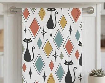 Toalla de mano con estampado de gato estilo retro atómico, toalla con estampado de diamante y gato negro, decoración moderna de mediados de siglo para cocina y baño.