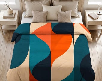 Mid Century Modern Cotton Comforter, Retro Geometric  Abstract Bedding, Teal Orange Modern Bedroom Decor