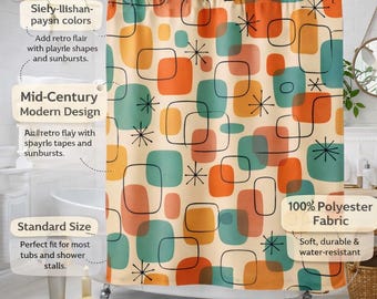 Mid Century Modern Shower Curtain, Retro Geometric Bathroom Decor, Abstract Boho Bath Curtain, Colorful Vintage Style Shower Curtain