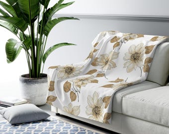 Sunflower Sherpa Fleece Blanket, Floral Cozy Throw Flower Themed Blanket, Brown Flower Sherpa Blanket