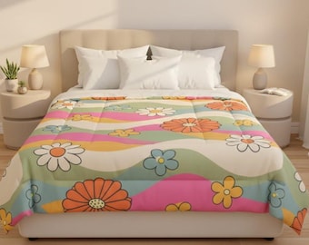 Retro Floral Comforter, Groovy 70s Bedding, Hippie Daisy Wave Pattern, Colorful Vintage Bedroom Decor, Mid Century Modern Quilt