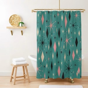 Cortina de ducha atómica de mediados de siglo, cortina de baño retro con diseño de explosión estelar, decoración geométrica vintage para el baño.