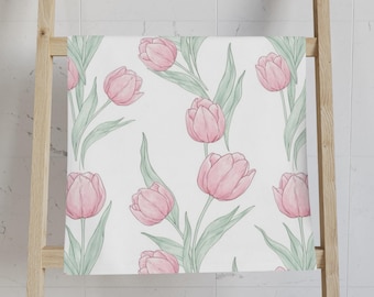 Flower Themed Hand Towel, Pink Tulip Pattern Hand Towel, Watercolor Floral Kitchen Bath, Kitchen Hand Towel, Bathroom Hand Towel