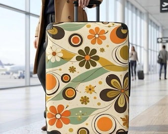 Walizka retro z lat 70., bagaż w kwiaty z połowy XX wieku, walizka podróżna w stylu boho w stylu vintage, pomarańczowo-oliwkowa torba podręczna, prezent w stylu retro
