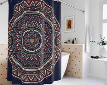 Navy Mandala Shower Curtain, Ethnic Tribal Bathroom Decor, Boho Mandala Bath Curtain, Dark Blue Mandala Design, Modern Bohemian Home Style