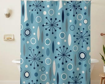 Retro Atomic Shower Curtain, Mid-Century Modern Bathroom Decor, Teal Blue Geometric Science Pattern Bath Curtain