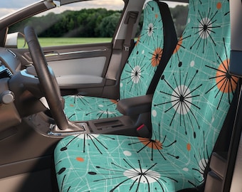 Fundas para asientos de coche de estilo moderno de mediados de siglo, interior de coche retro con diseño atómico de explosión estelar, protector de asiento geométrico color turquesa, decoración vintage para coche de los años 50 y 60.