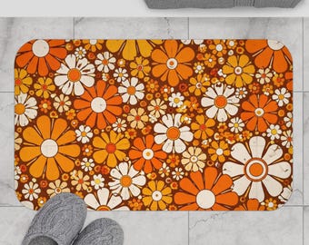 Dywanik łazienkowy retro z lat 70., dywanik łazienkowy w kwiaty w stylu vintage, dywanik łazienkowy z motywem stokrotek z połowy XX wieku, pomarańczowa mata łazienkowa boho, modny wystrój łazienki