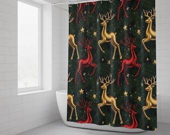 Christmas Themed Shower Curtain, Gold and Red Reindeer Shower Curtain | Christmas Holiday Bathroom, Christmas Bathroom Decor