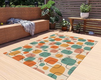 Alfombra de exterior moderna de mediados de siglo, alfombra de patio geométrica retro, alfombra de porche abstracta y colorida, alfombra de chenilla antideslizante, decoración bohemia para solárium.