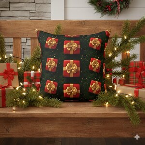 Almohada con temática navideña, diseño de caja de regalo roja, regalo navideño, decoración navideña