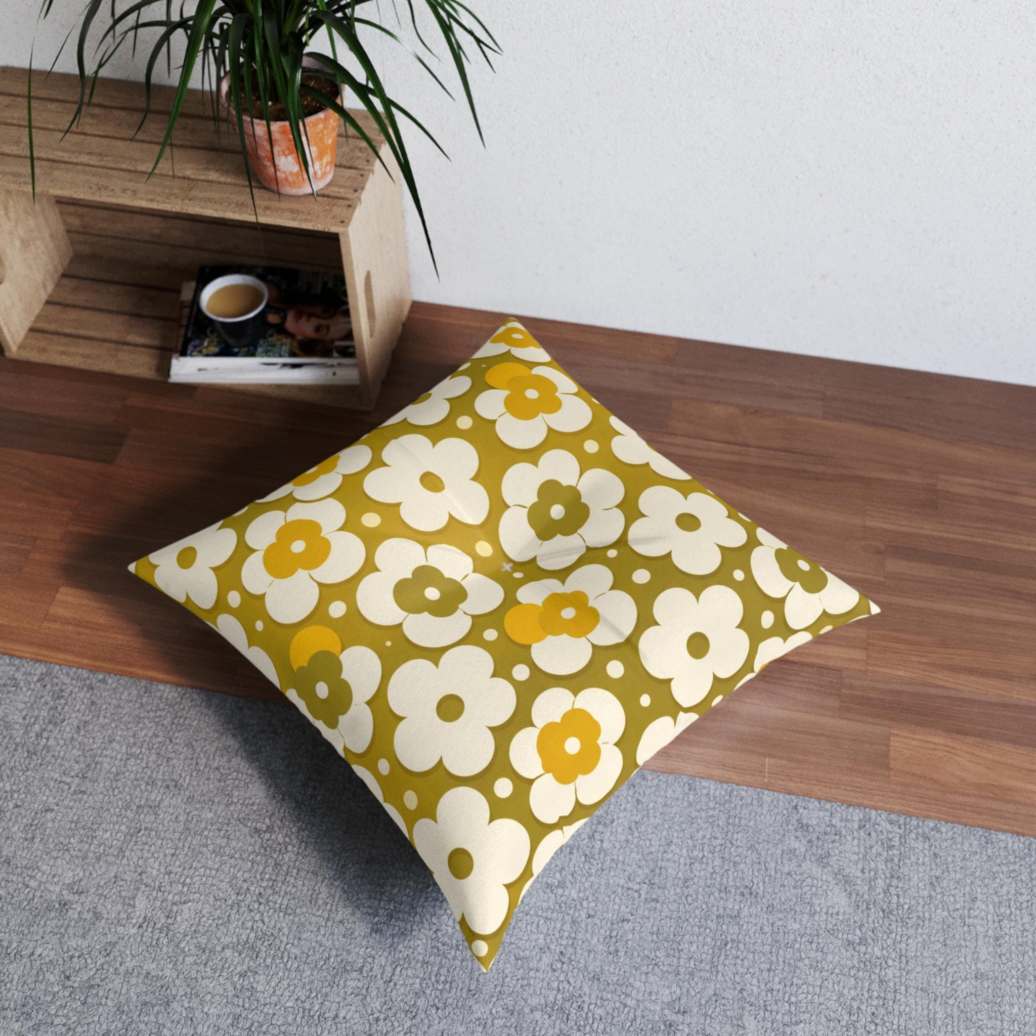 貴重！70'sアメリカアンティーク　植物葉柄のお洒落クッション ヴィンテージ 70s Retro Floral Floor Pillow, Tufted Square Floor Cushion, Mid
