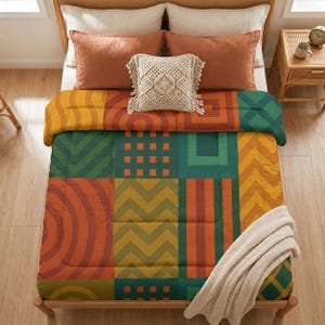 Mid Century Patchwork Comforter, Retro Abstract Geometric Bedding, Warm Earth Tone Quilt, Vintage Bedspread