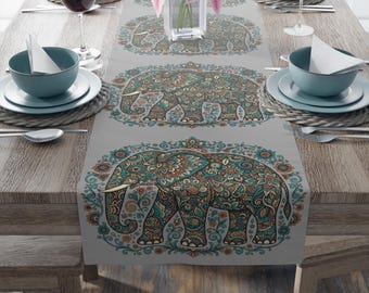 Paisley Elephant Pattern Table Runner | Boho Floral Motif