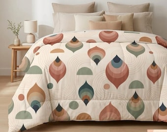 Retro Cotton Comforter, Mid Century Modern Bedding, Boho Abstract Bedroom Decor