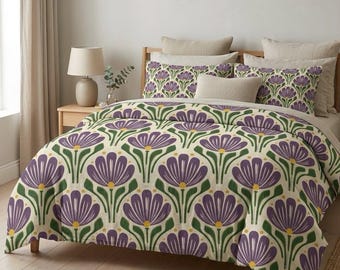 Retro Floral Cotton Comforter, Mid Century Modern Botanical Bedding, Purple Tulip Pattern in Green and Ivory, Vintage Bedroom Decor