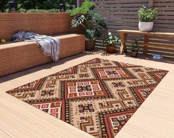 Native Tribal Outdoor Rug, Boho Geometric Kilim Area Carpet, Vintage Ethnic Patio Rug for Balcony, Deck & Outdoor Home Decor
