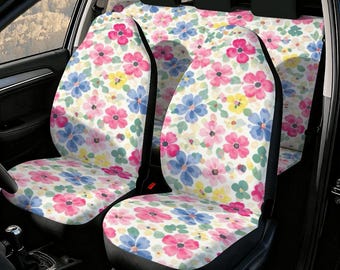 Pink Floral Car Seat Covers Full Set, Cottagecore Wildflower Auto Interior, Vintage Car Decor