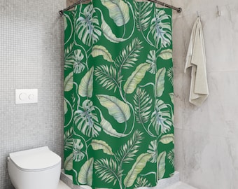Cortina de ducha con hojas de palmera tropical / Decoración botánica verde para el baño