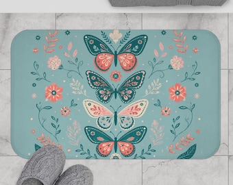 Butterfly Bath Mat, Cottagecore Bathroom Rug, Folk Art Floral Bath Mat, Vintage Botanical Bathroom Decor, Teal Butterfly Floor Mat