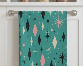 Mid Century Modern Retro Hand Towel, Atomic Starburst Geometric Towel, Vintage Kitchen Bathroom Decor