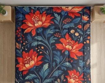 Scandinavian Nordic Folk Floral Comforter, Vintage Botanical Bedding, Dark Blue Red Flower Bedspread, Cozy Boho Cottage Bedroom Decor