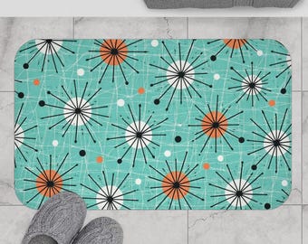 Mid Century Modern Bath Mat, Retro Atomic Starburst Bathroom Rug, Teal Geometric Bath Rug, Vintage 50s 60s Bathroom Decor