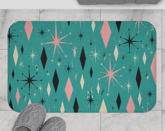 Mid Century Retro Bath Mat, Atomic Starburst Diamond Pattern Rug, Teal Pink Bathroom Decor