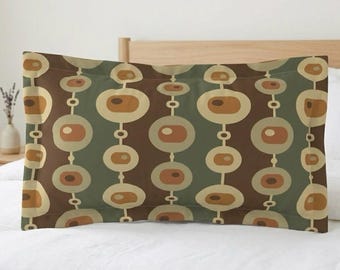 Federa per cuscino in stile metà secolo, federa con motivo a pois e catena retrò, biancheria da letto scandinava nei toni della terra