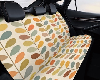Capa para banco de carro estilo meados do século XX, capa para banco traseiro com estampa retrô de folhas, decoração automotiva em tons terrosos.