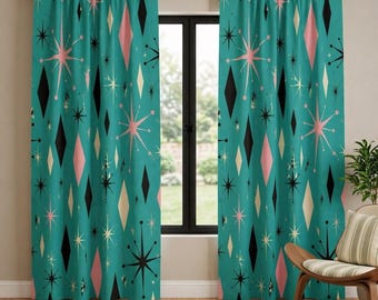 Cortina de ventana estilo retro atómico, panel de cortina con diseño de estrella y diamante, cortinas turquesas de estilo moderno de mediados de siglo, decoración vintage para el hogar.