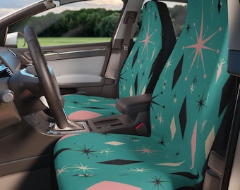Mid Century Atomic Seat Covers, Retro Starburst Car Interior Covers, Geometric Auto Decor