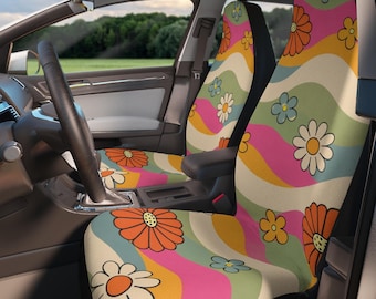 Retro Floral Car Seat Covers, Groovy 70s Daisy Auto Decor, Mid Century Modern Car Interior, Colorful Vintage Seat Protectors