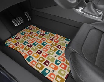 Moderne automatten uit het midden van de eeuw set van 4, retro geometrische autovloermatten, jaren 70 vintage auto-interieur, kleurrijke abstracte voertuigmatten